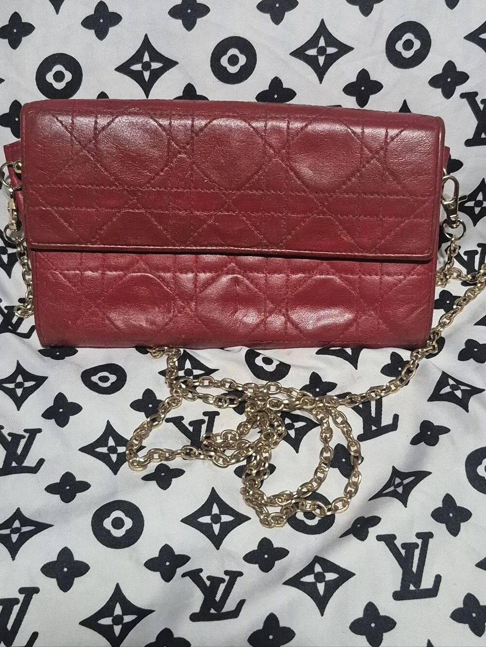 Vintage Authentic Dior Red Quilted Chain Wallet